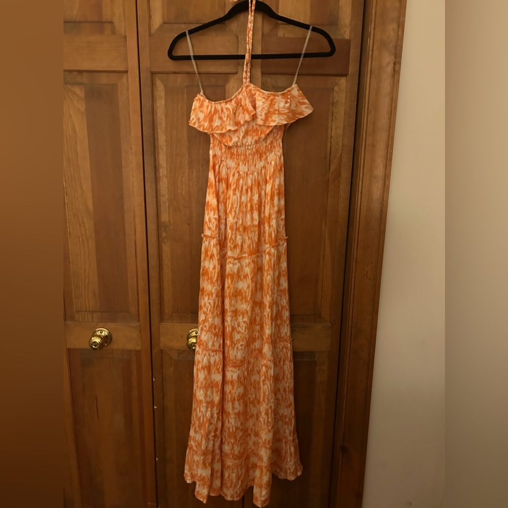 Mudd Women’s S Boho/Bohemian Hippie Granola Tiered Halter Orange White Sundress